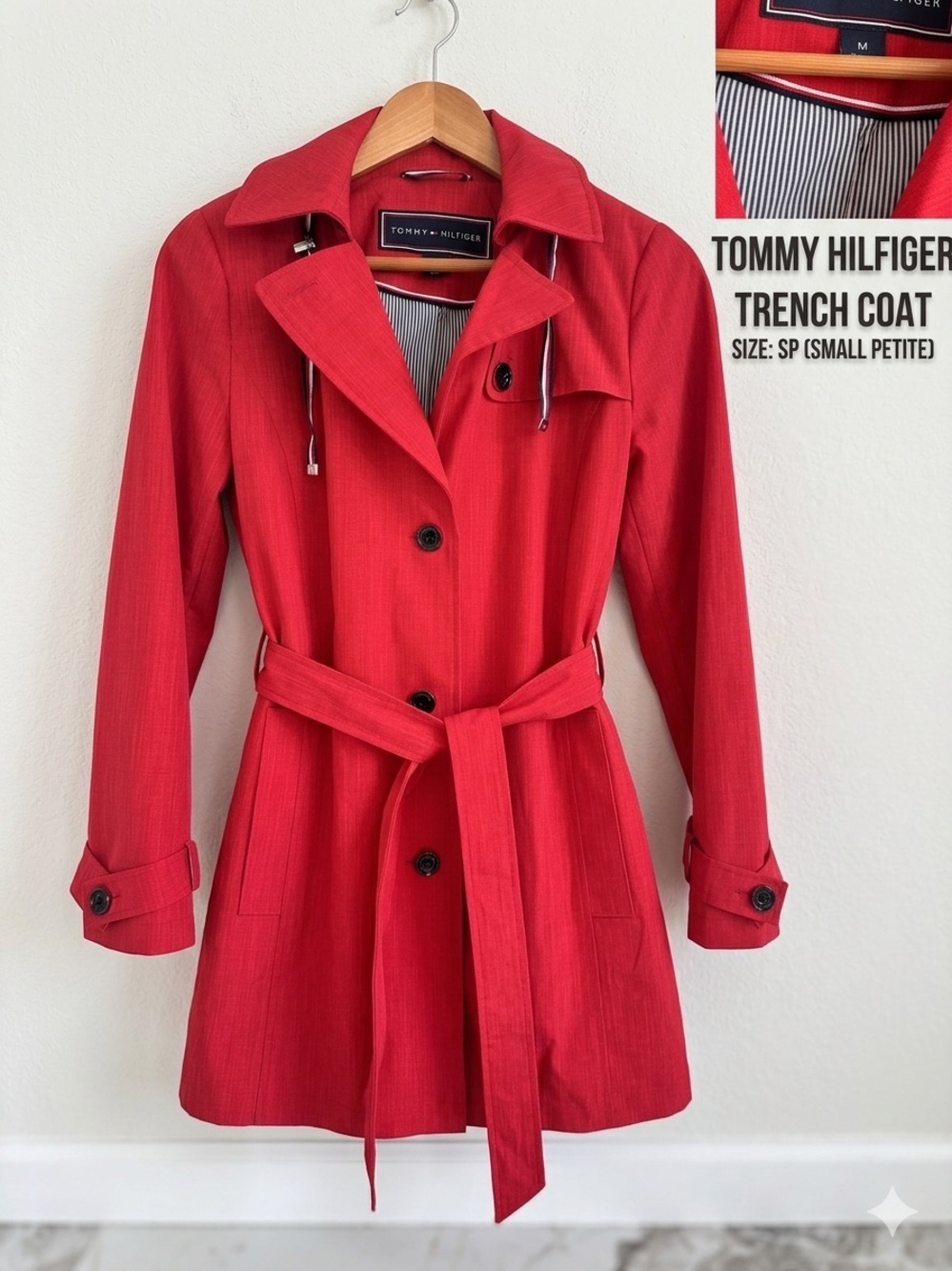 Tommy Hilfiger Red Hooded Trench Coat - Size Small Petite